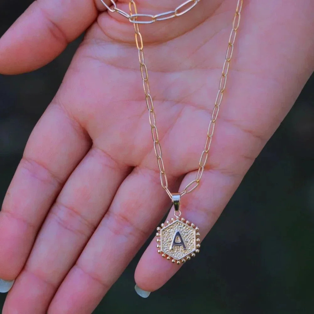 2 LAYER GOLD LETTER INITIAL COIN HEXAGONAL PENDANT DAINTY NECKLACE, ELDM22335 - Picture 8 of 13